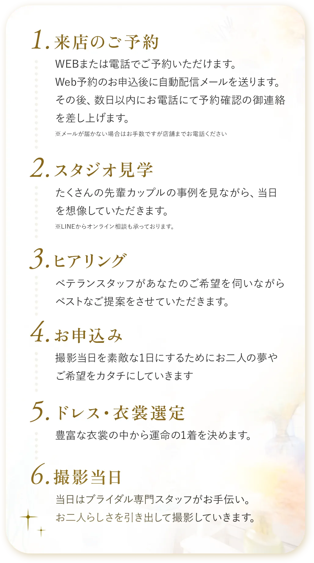 01 来店のご予約,02 スタジオ見学,03 ヒアリング,04 お申込み,05 ドレス・衣裳選定,06 撮影当日